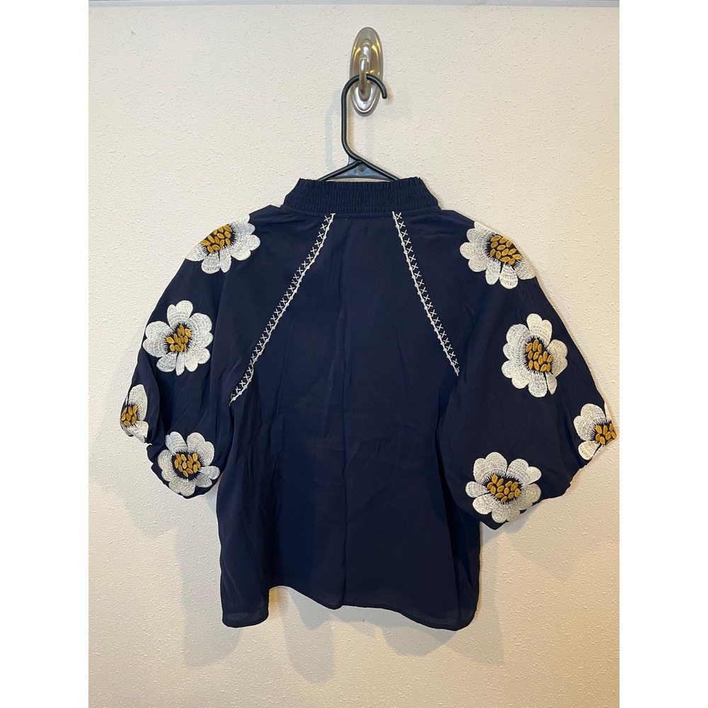 THML Womens Floral Embroidered Puff Sleeve Smocked Neck Blouse S WCT2036-N - Picture 2 of 4